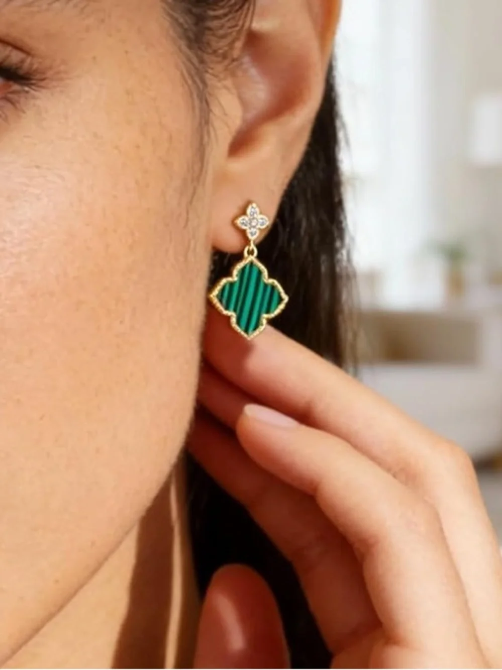 Anthropologie Gold-Tone Green Striped Clover Drop Earrings with Crystal Studs